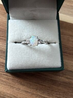 Sterling Silver Opal Ring Size 9 Oval Opal Solitaire w/ Side Stones Dainty Ring